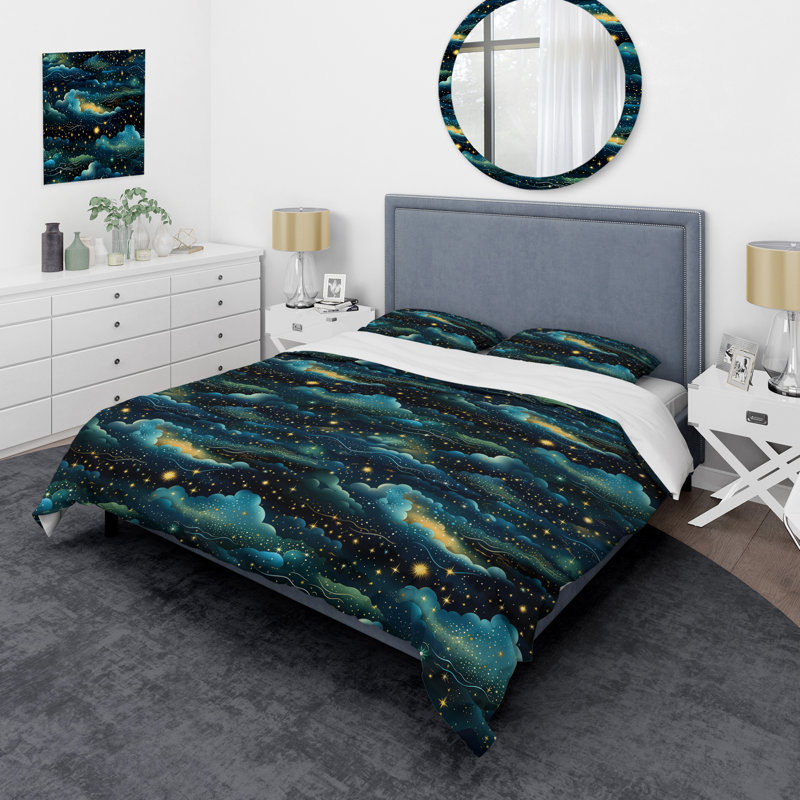 Midnight Indigo Galatic Pattern I Duvet Cover, King Duvet Cover + 2 King Shams