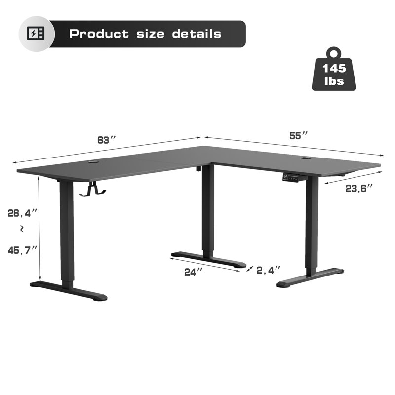 Bureau pour travailler debout en L 63 po, H 45,7 po x l 63 po x P 55 po, Gris / noir