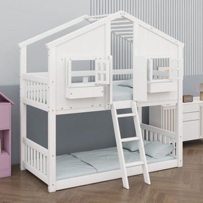 Playhouse Bunk Bed with Roof, Window, Window Box, Door, Safety Guardrails, and Ladder