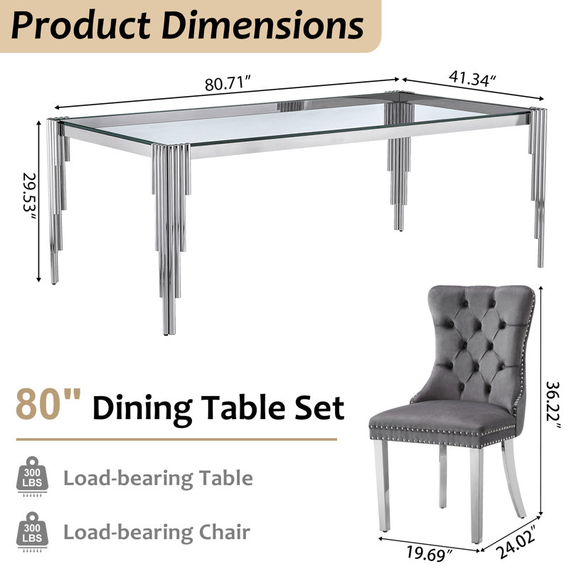 7-Piece Dining Table Set, 80" Rectangular Tempered Glass Dining Table, Stainless Steel Round Tube Legs, 6 Velvet Upholstered Dining Chairs With Tufted Nailhead Accents And Stainless Steel Frame