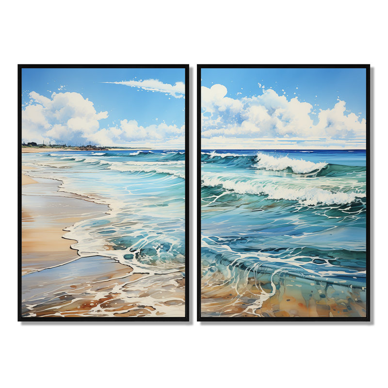 Plage bord de mer reflets pointillisme I - art mural côtier 2 panneaux, H 36 po x l 48 po, Noir