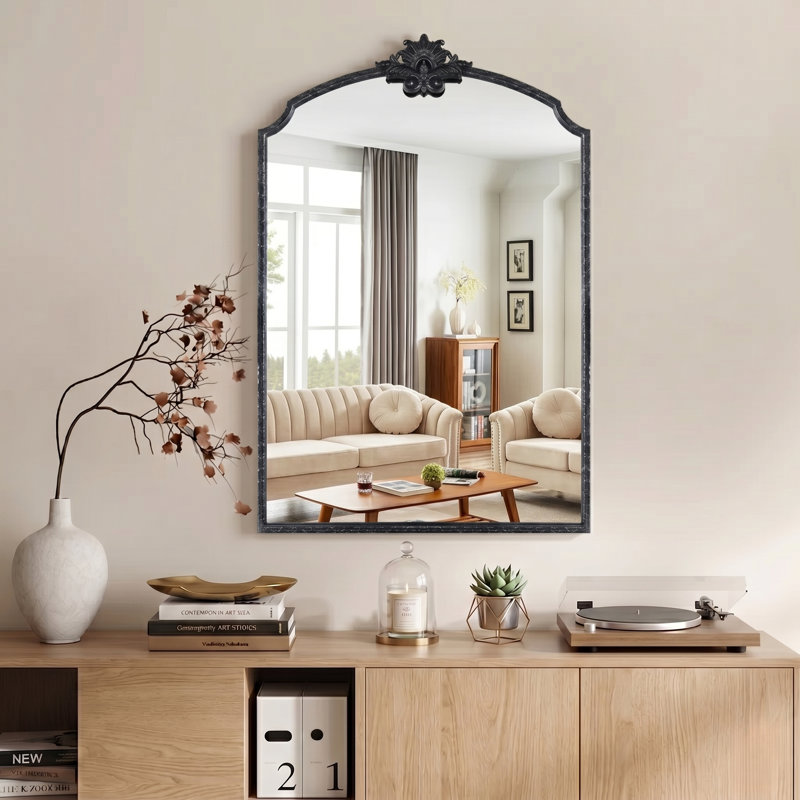 Lindon Arched Iron Wall Mirror, 30" x 20", Antique Black