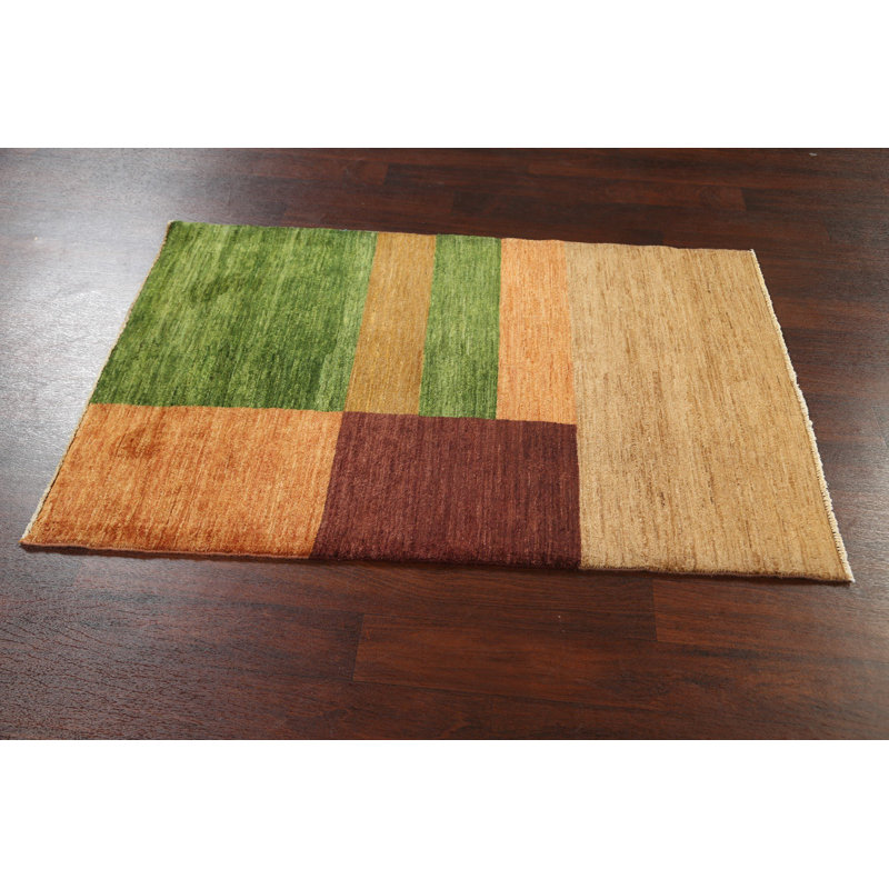 Tapis vert / beige en laine noué à la main de conception unique 3 pi 5 po x 4 pi 11 po New Age