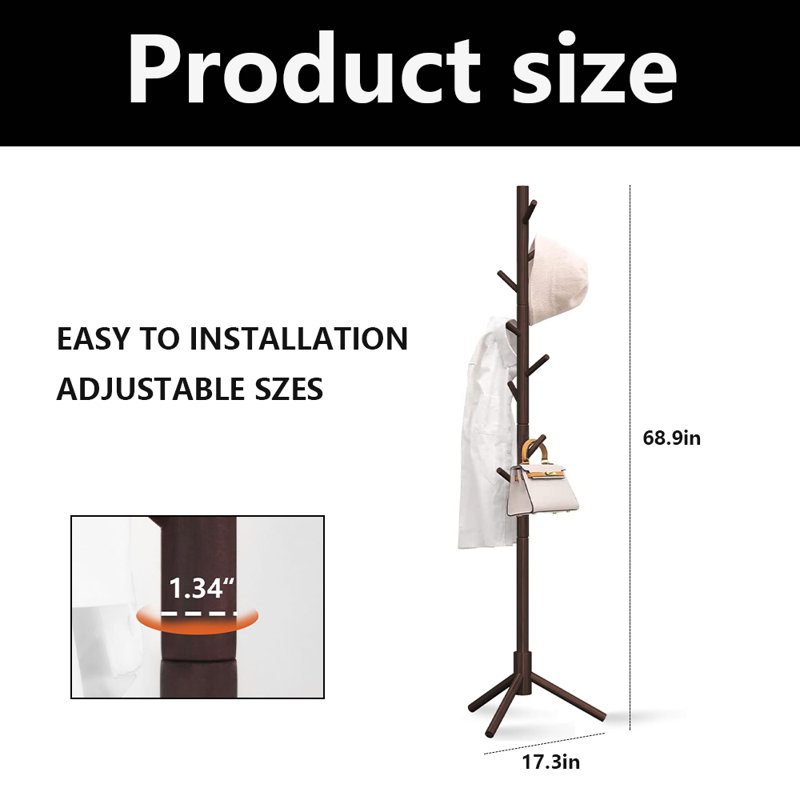 Coat Rack Freestanding With 8 Sturdy Hooks, Brown