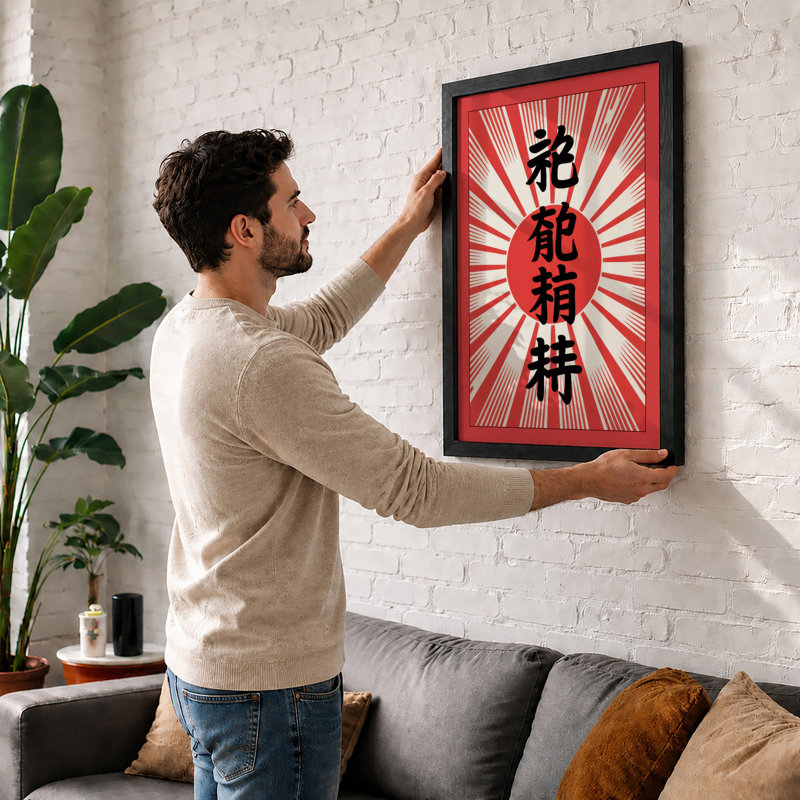 Rising Sun Calligraphy Japandi - Framed Print, A3 - 42.0 x 29.7 cm, White