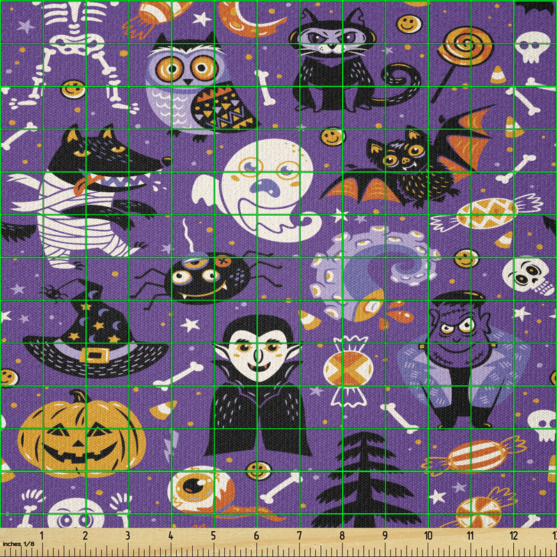 Asberry Cartoon Horror Symbols of Vampire Ghost Skeleton and Candies Multi-Purpose Fabric