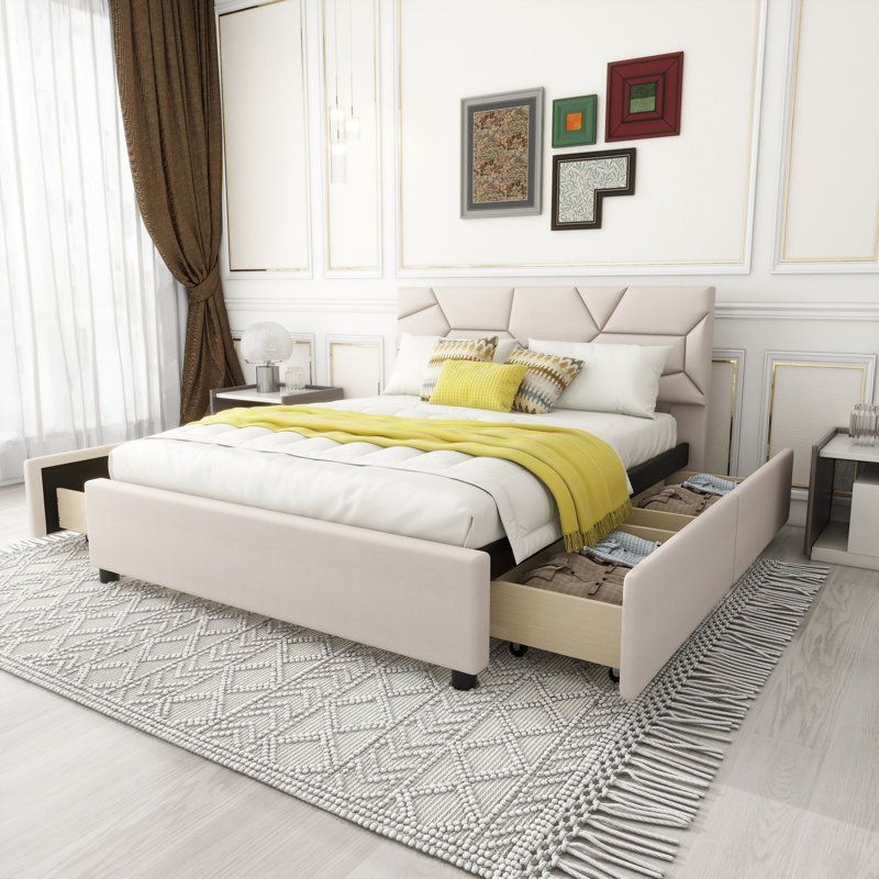Lit plateforme tapissier Donard, Double, Beige