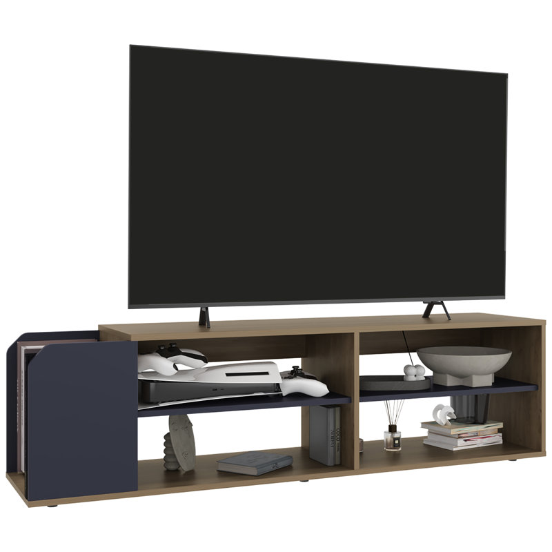 Meuble télé compact et polyvalent, tablettes ouvertes pour le rangement des médias, esthétique chêne naturel bleu, support moderne de 59,29 po de largeur avec design, rangement essentiel, panneau de particules