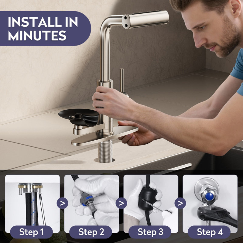 Brushed Nickel Pull Down Kitchen Faucet With Integrated Glass Rinser And Waterfall Mode, Brushed Nickel