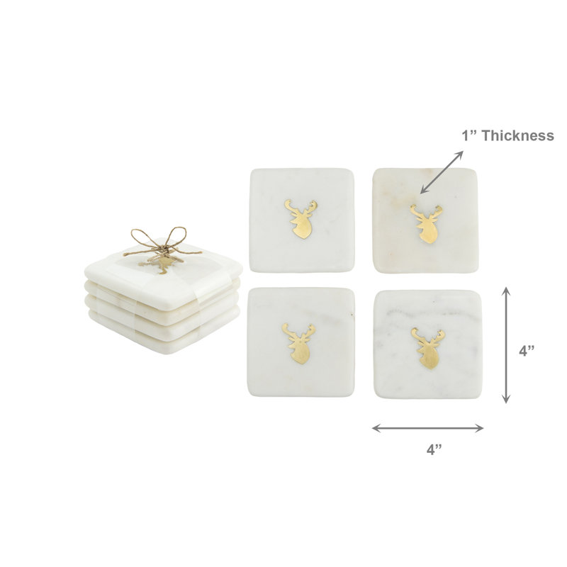 Dessous de verre carré en marbre blanc avec incrustation en laiton, motif tête de cerf, lot de 4