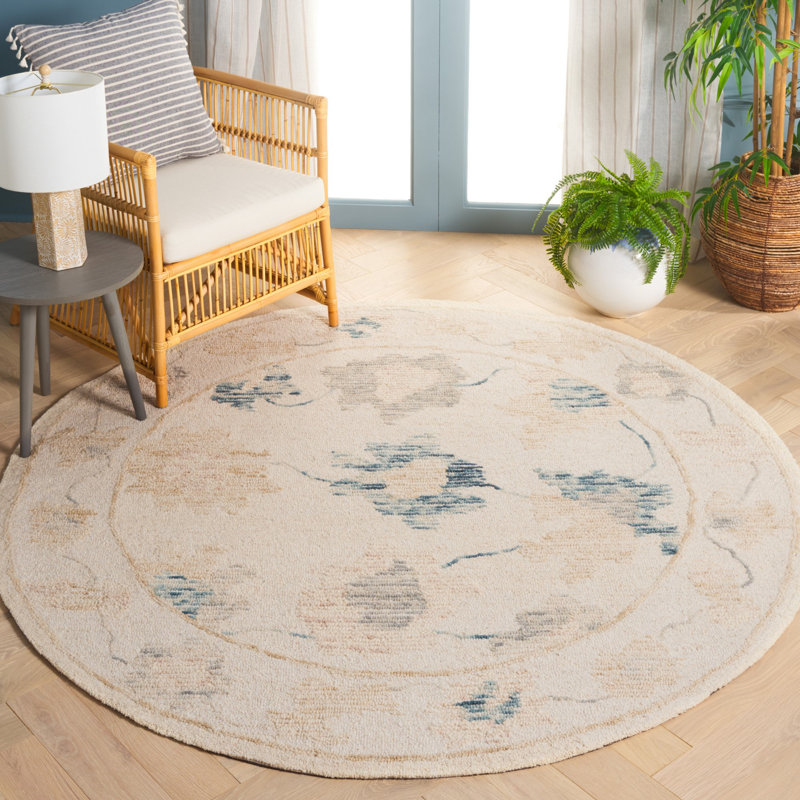 Quynh Abstract Hand Tufted Wool Cotton Floral Rug in Beige/Ivory, Round 6'