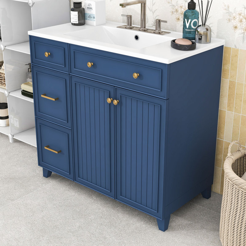 Meuble-lavabo simple contemporain avec tablette réglable, lavabo en céramique et portes à fermeture douce, Bleu