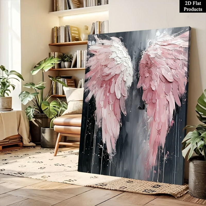  Art mural texturé ailes d'ange rose - Décoration romantique moderne haut de gamme pour le salon