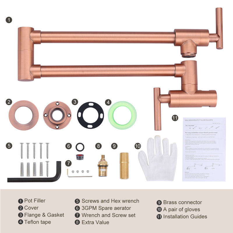 Commercial Wall Mount Brass Pot Filler Faucet with Double Joint Swing Arms, Copper