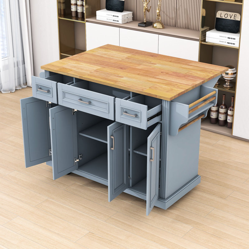 Rolling Kitchen Island Cart with Rubber Wood Drop Leaf, Storage Cabients and Soft Close Drawers, Gray Blue