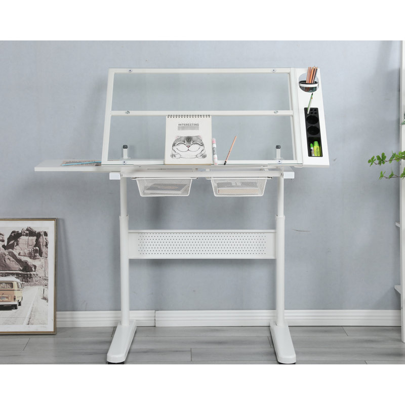 White Drafting Table With 0 - 75° Tiltable Desktop And Stool Craft Desk Hand Crank Adjustable Construction, 2 Metal Drawers,