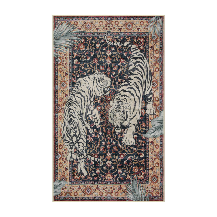 Goldene Vintage Tiger Deep Green Washable Area Rug - Soft Cashmere Carpet for Living Room, Bedroom, or Office