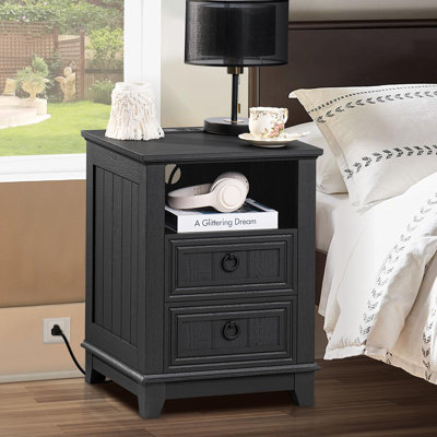 Table de chevet 18 po avec station de charge, commode de table de bout à 2 tiroirs pour la chambre à coucher, table de chevet en bois, table de chevet avec tablette ouverte, armoire de chevet pour le salon, placard