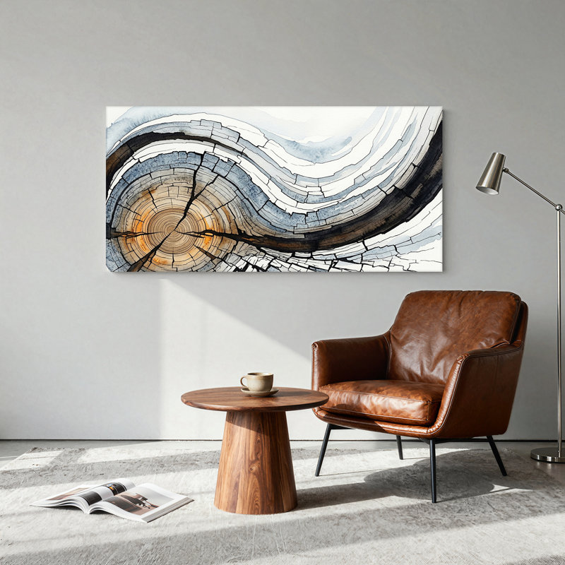 Coupe transversale d'un anneau d'arbre avec aquarelle bleue et brune sur une toile murale, L 40 po x H 20 po
