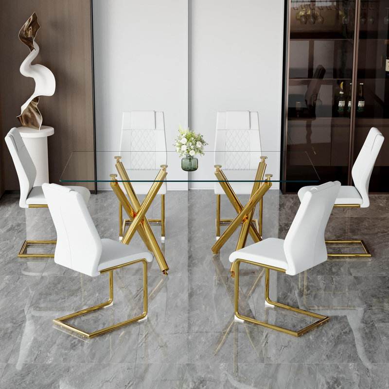 Ensemble de table de salle à manger 71 "en verre trempé pour 6 à 8 personnes, base en métal doré avec chaises de table en cuir PU imperméable
