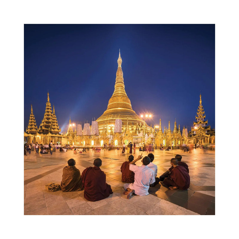 Group of Buddhist Monks in Front of the Golden Shwedagon Pagoda in Yangon, Myanmar 1 Piece Wrapped Canvas Wall Art