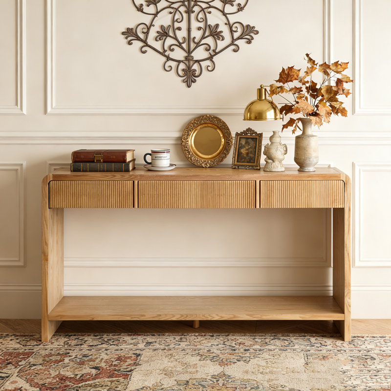 3-Drawer Console Table with Vertical Slats, Brown