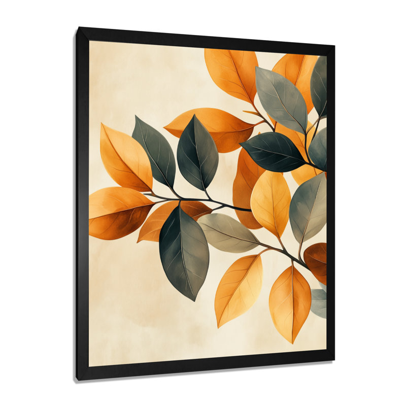 Feuilles botaniques aux tons vert caramel et terre I - Tableau encadré, H 40 po x l 30 po, Cadre photo noir