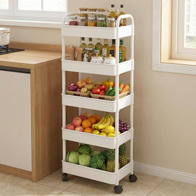 5-Tier Slim Storage Trolley on Wheels, Plastic Slide Out Rolling Utility Cart with Handle, Mobile Shelving Unit, Narrow Shelf Unit Storage Rack for Kitchen,Laundry Room,Bedroom