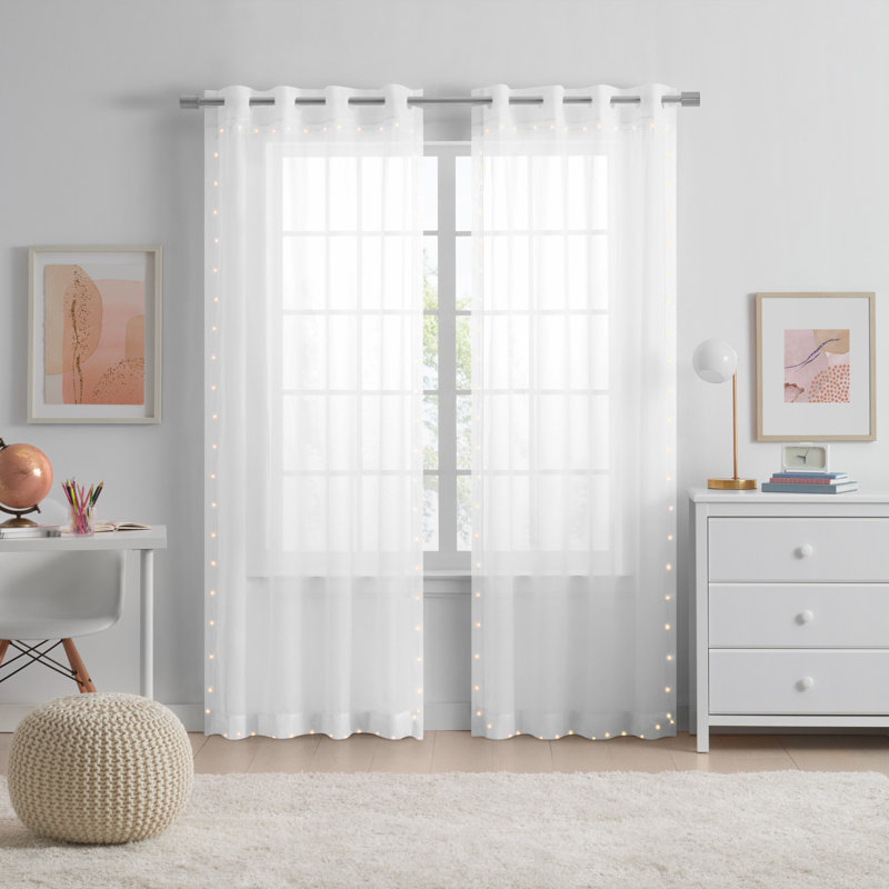 Eclipse Starlight Light Up Sheer Hookless Grommet Curtain, Curtain Lights with Remote Control, Bedroom Curtain, Room Divider or Outdoor Patio, 1 Panel, 84 In Long x 52 In Wide Curtain, White