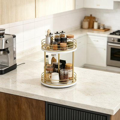 2-Tier Rotating Bathroom Countertop Organizer, 360-Degree Lazy Susan Turntable For Makeup, Skincare, Perfume, And Cosmetics, Sturdy Wood And Metal Vanity Storage Shelf