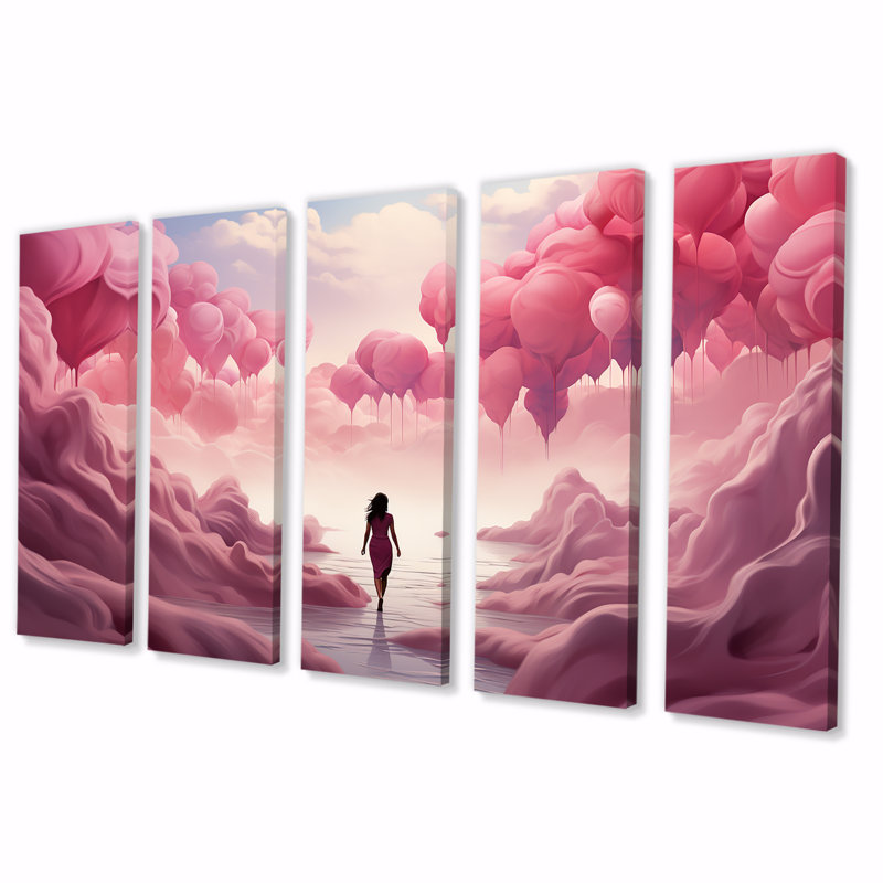 «Rose and White Air Balloon Solitude II - Abstract Landscape», art mural 5 pièces, H 32 po x l 80 po