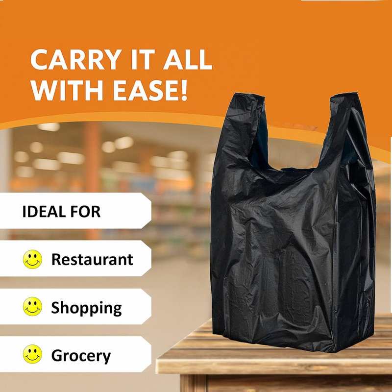 Sacs de magasinage en plastique noir de grande taille de 12 x 6,5 x 22 pouces pour épicerie 1/6 Ecoqualité (3000)