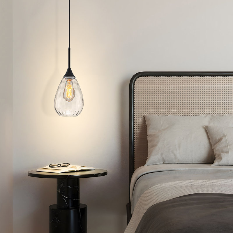 1-light Modern Hammered Tear-drop Glass Pendant Light, Matte Black