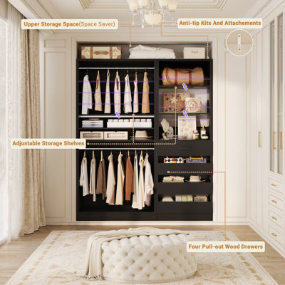 Closet System with Drawers and Hanging Rods, 80"W Tall Closet Organizer