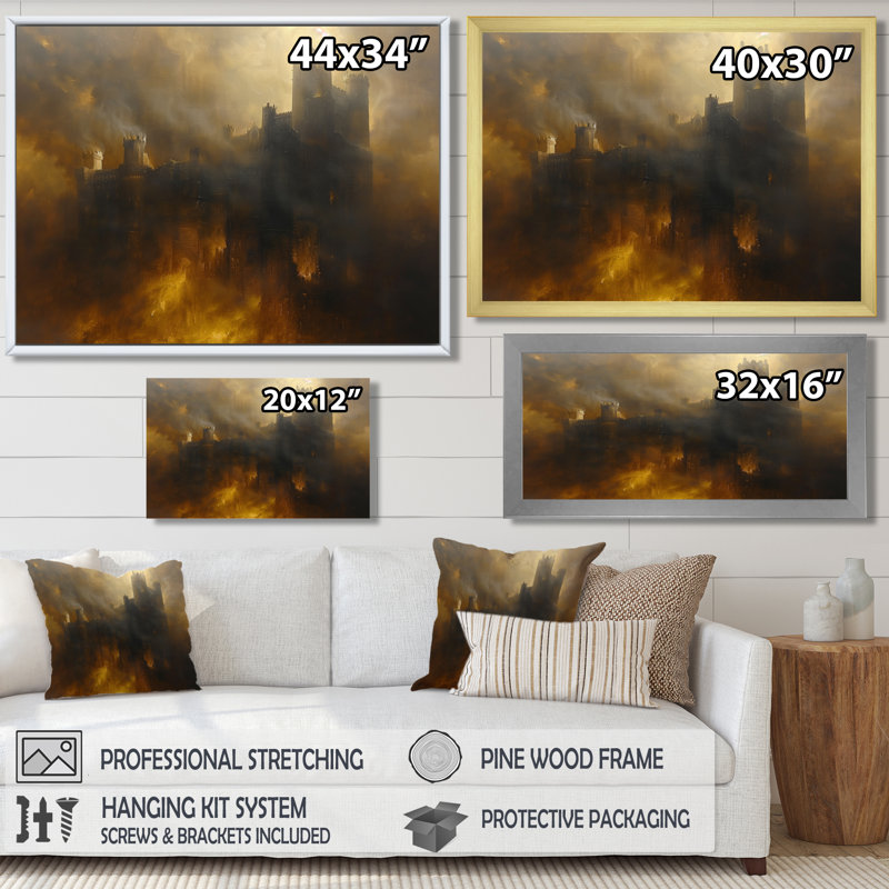 Impression d'art mural jaune, noir, automne, château noir, H 12 po x l 20 po x P 1 po, Toile encadrée noire simple