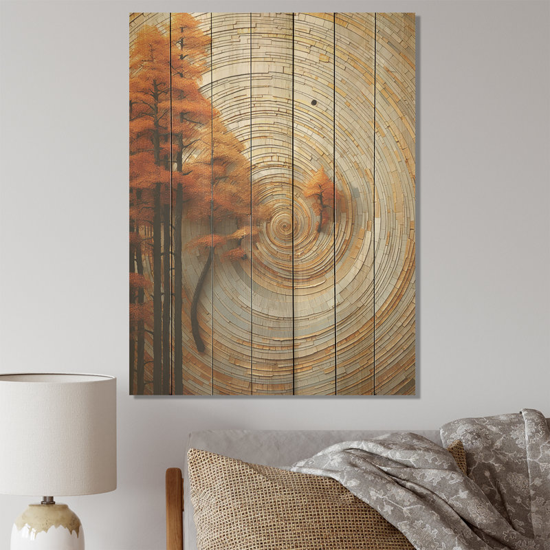 Orange et pin blanc en spirale - Botanique sur bois, H 20 po x l 10 po