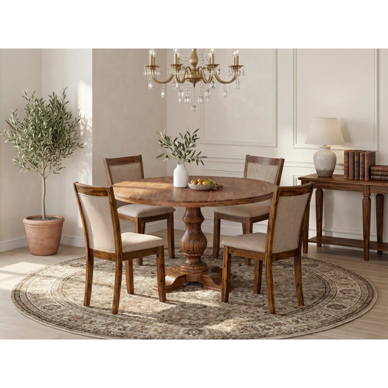 Ensemble de cuisine de style Mid-Century 5 pièces comprenant une table à piédestal et 4 chaises de cuisine en lin brun clair avec dossier rembourré - Noyer antique