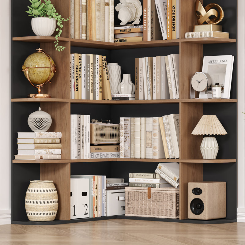 73.9" Hcorner Bookcase 6 Tier L-Shaped Bookshelf, Black/Brown