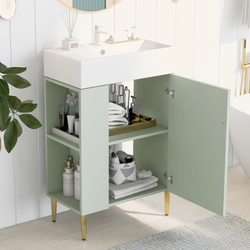 21.6" Green Bathroom Vanity, Combo Cabinet, Bathroom Storage Cabinet, Single Ceramic Sink, Left Side Storage