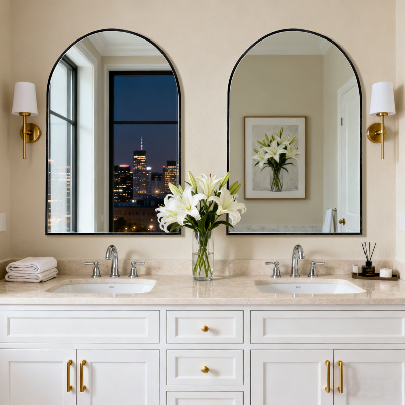 Juny Arched Bathroom Aluminium Arch Wall Mirror, Black, 2