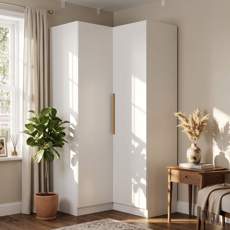 Armoire d'angle 70,9 "avec poignées en bois massif - tringle suspendue + 5 tablettes