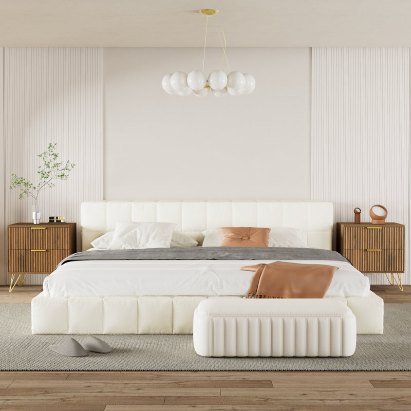 Ensemble de commode et table de chevet 3 pièces pour chambre à coucher, commode cannelée 7 tiroirs de 55 po, Noyer