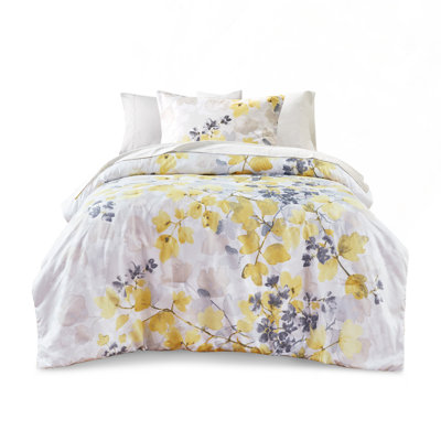 Comforter Set Queen Size, Ultra-Soft Microfiber With Bed Sheets, Yellow & Gray Leaf Print, Hypoallergenic & Antimicrobial