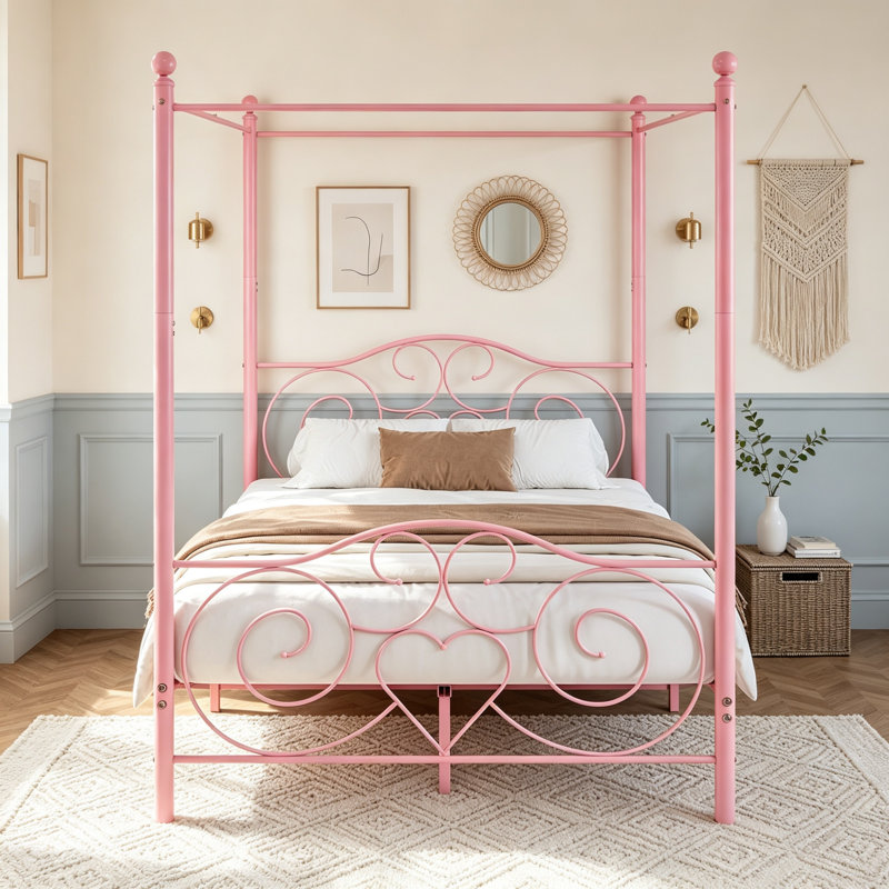 Cadre de lit à baldaquin en métal avec tête et pied de lit, lit plateforme à quatre colonnes avec rangement intégré, sommier non requis, format Queen, rose - 2
