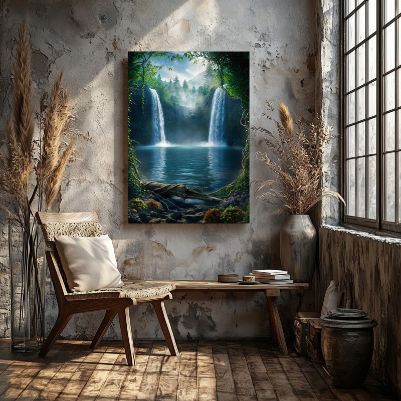 Toile, scène sereine de forêt avec deux cascades majestueuses en cascade dans un art mural, une piscine tranquille entourée de verdure