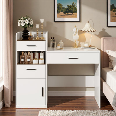 Bureau de coiffeuse 3 en 1 avec miroir rabattable, plateau de table en verre ambré, rangement caché, casier semi-ouvert, tiroirs et armoire