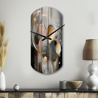 Abstrait formes et lignes III - horloge murale asymétrique en métal en marbre, impression d'horloge murale cylindrique dorée