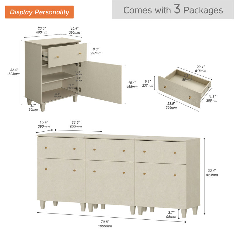 Cabriano 70.8'' W 3 - Drawer Dresser, Beige