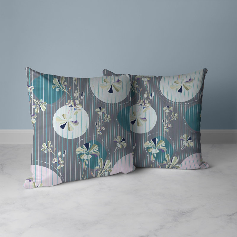 Coussin décoratif réversible intérieur / extérieur Circular Garden, H 26 po x l 26 po, Cyan / gris