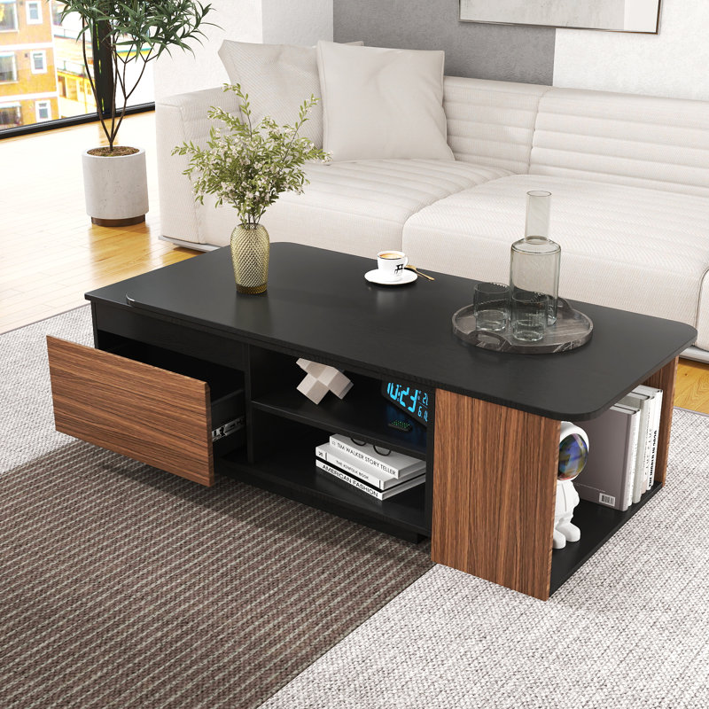 Table basse extensible, table basse en bois réglable en longueur avec 2 tiroirs de rangement pour le salon, grande table centrale rectangulaire longue